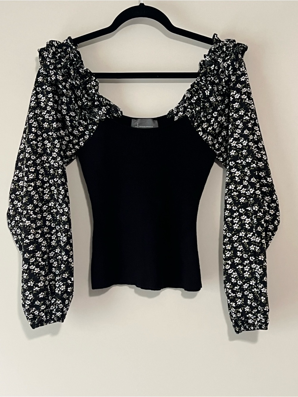Anthropologie Black Ribbed Bodice Top with Black & White Floral Puff Sleeves